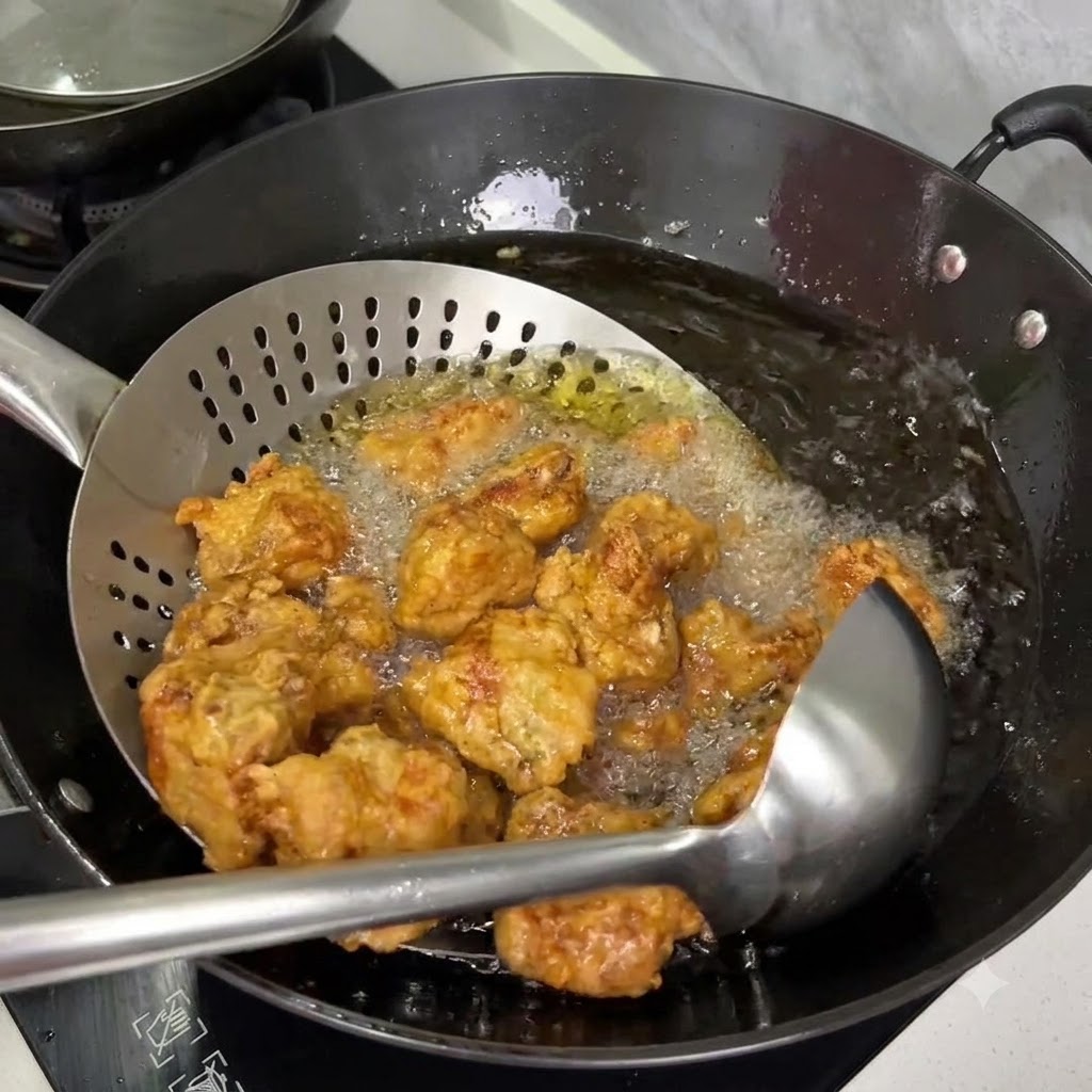 Una cuchara ranurada de metal levantando costillas fritas de color marrón dorado del aceite burbujeante en un wok.