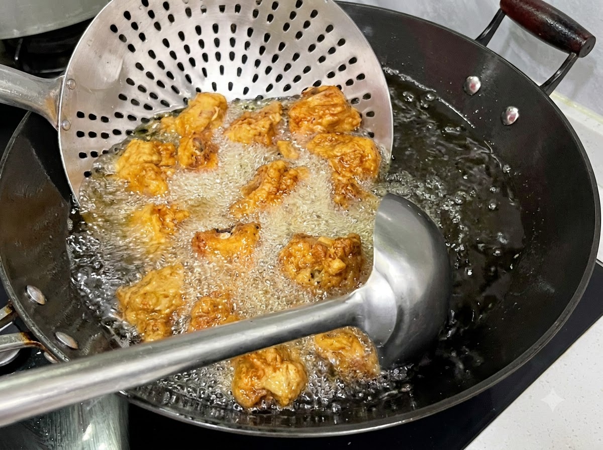 Una cuchara ranurada sosteniendo costillas fritas en aceite muy caliente y burbujeante en un wok.