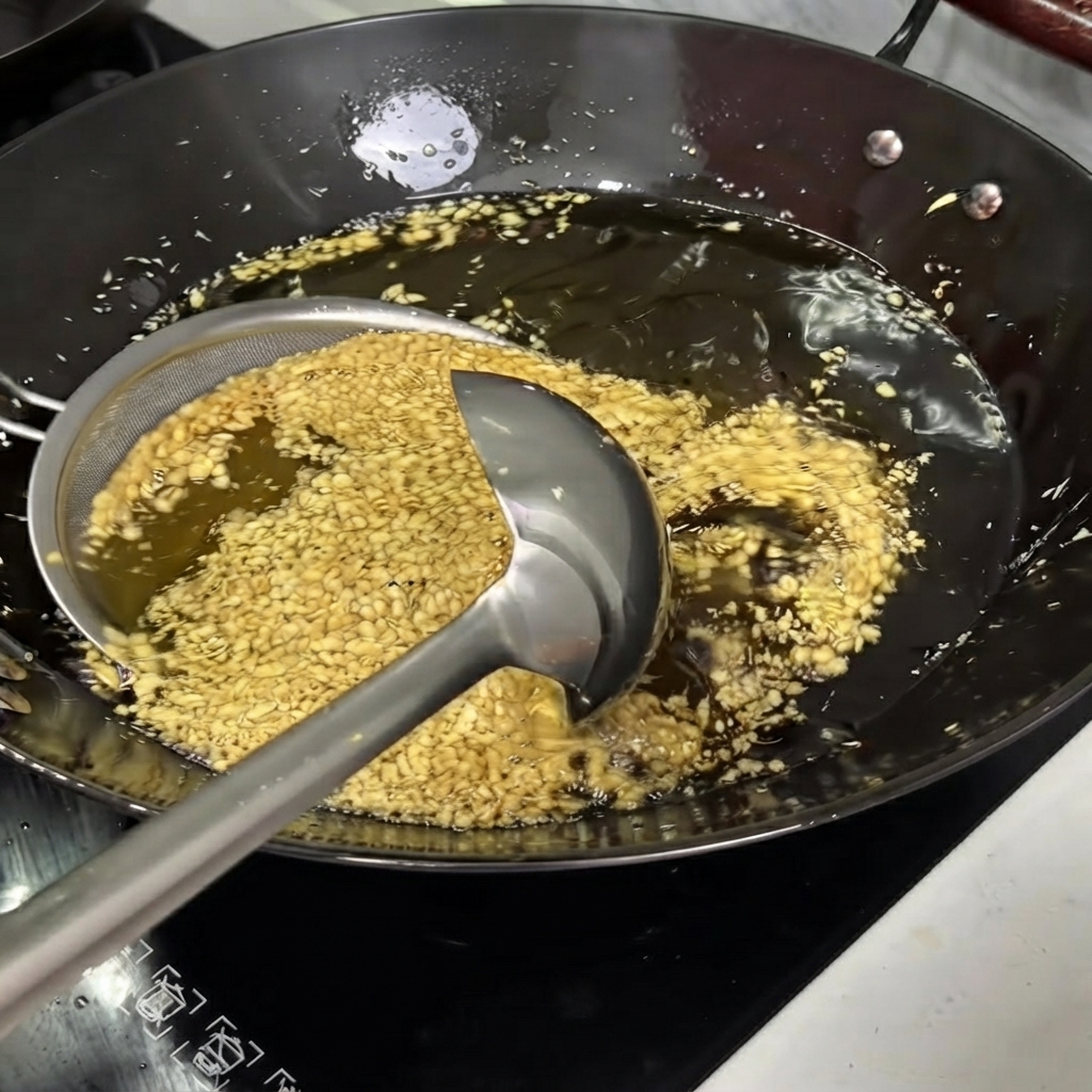 Un colador de malla fina sacando ajo frito dorado de un wok lleno de aceite caliente.