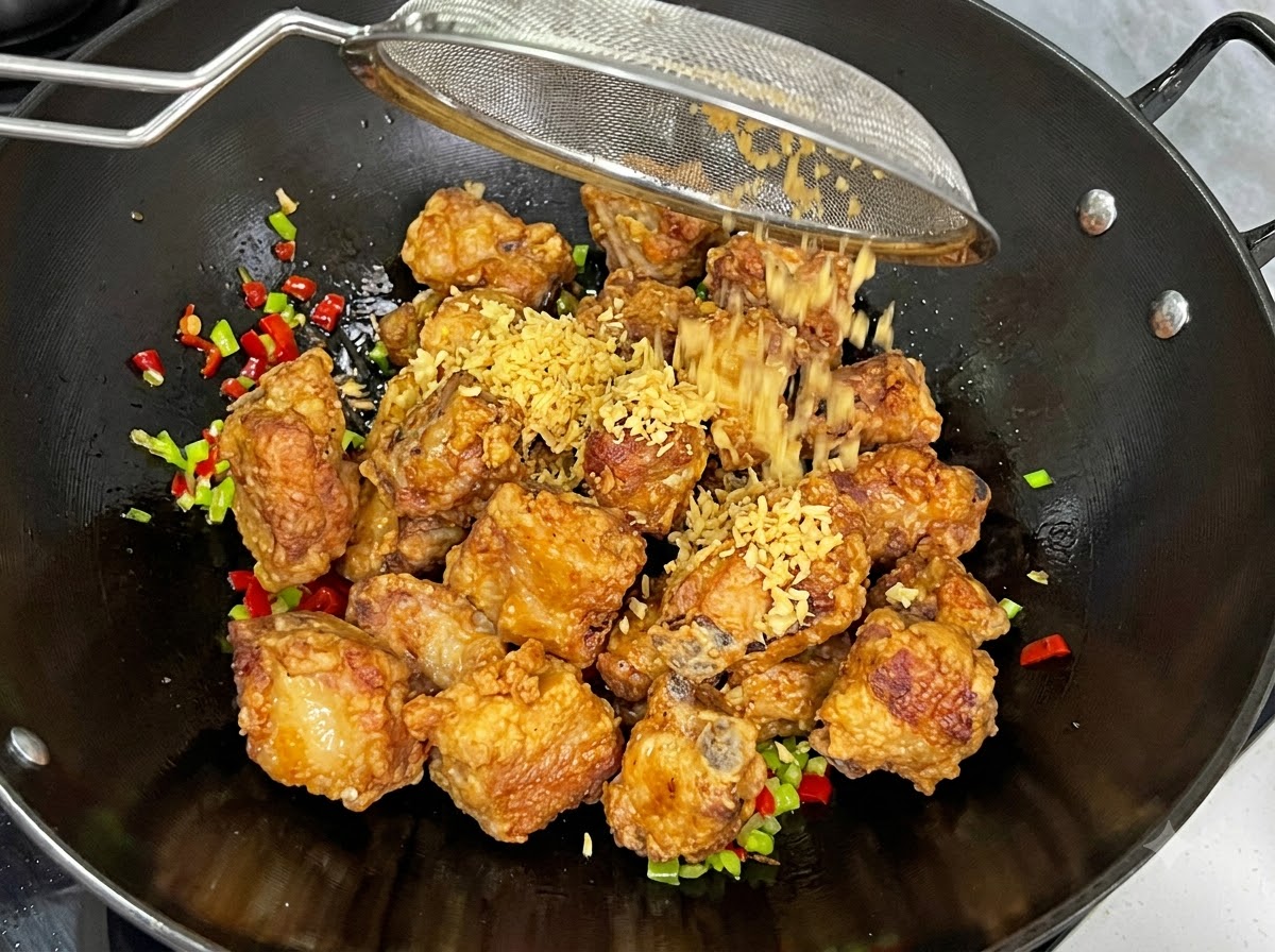 Ajo picado frito siendo sacudido desde un colador de malla sobre las costillas fritas en un wok.