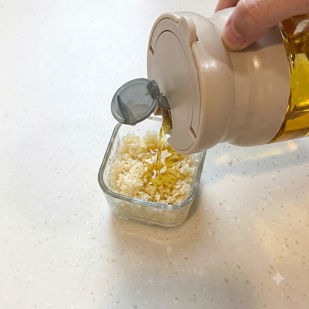 Aceite de cocina siendo vertido desde un dispensador en un recipiente de vidrio pequeño lleno de ajo picado.