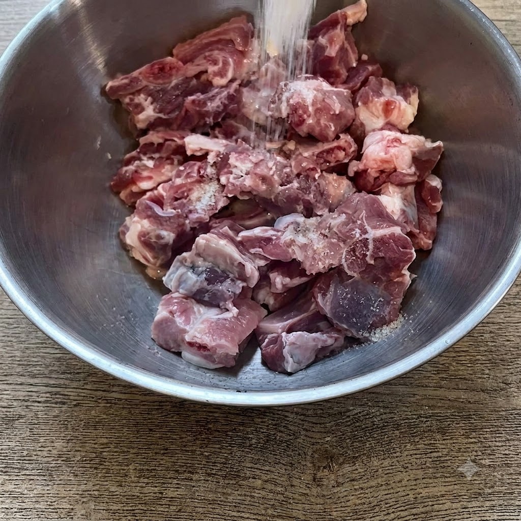 Sal y condimentos siendo espolvoreados sobre trozos de costillas de cerdo crudas dentro de un bol de mezcla de acero inoxidable.