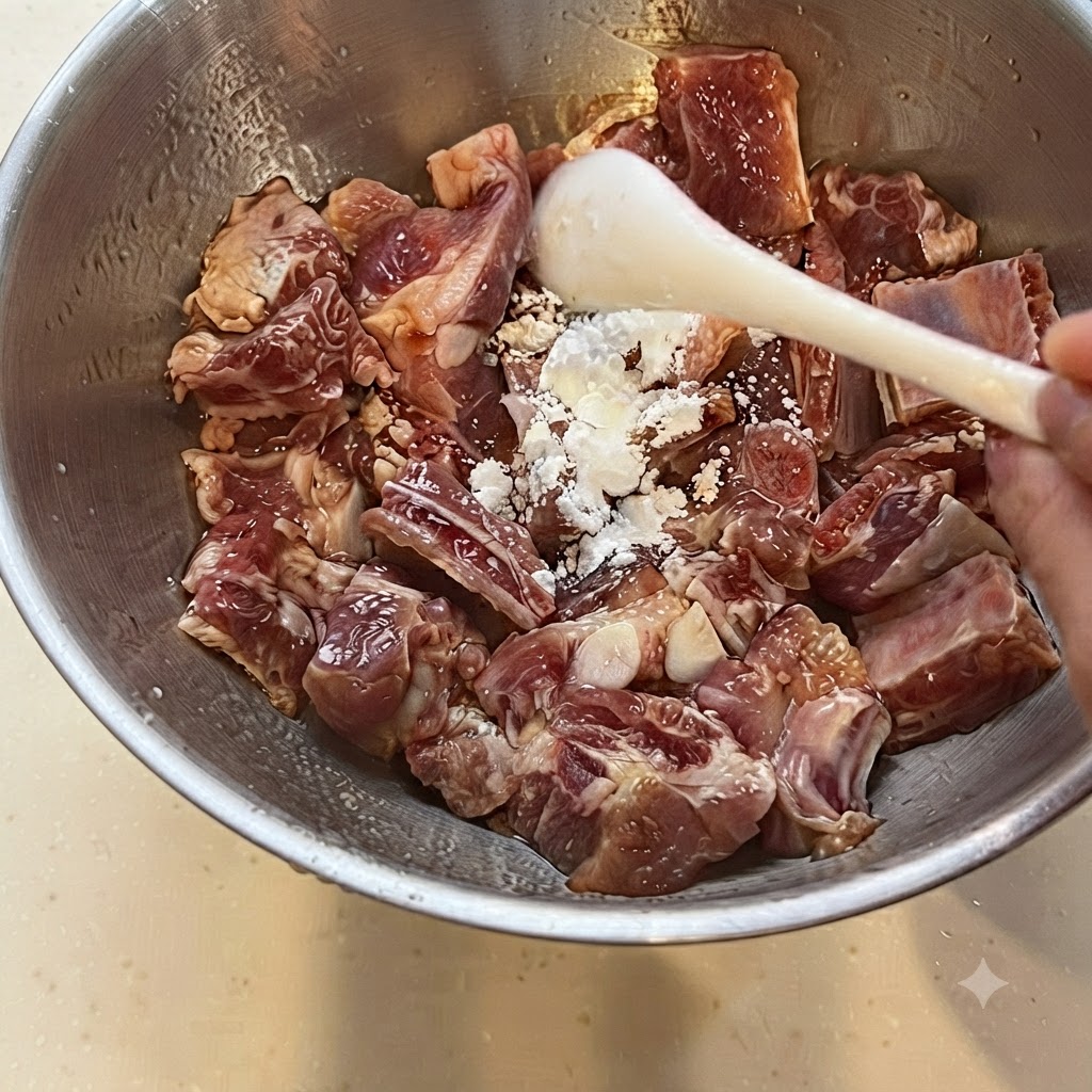 Una mano con guante mezclando la maicena y los condimentos en las costillas de cerdo crudas dentro de un bol metálico.