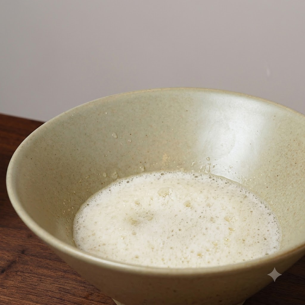 Un tazón de cerámica que contiene jugo de ajo turbio recién filtrado con espuma visible en la superficie.