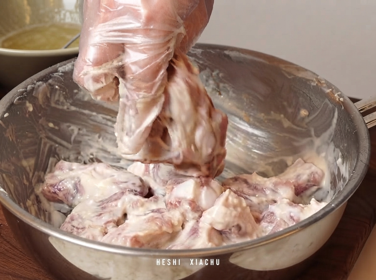 Una persona usando un guante de plástico transparente mezclando y cubriendo las costillas de cerdo empanizadas dentro de un tazón de metal.