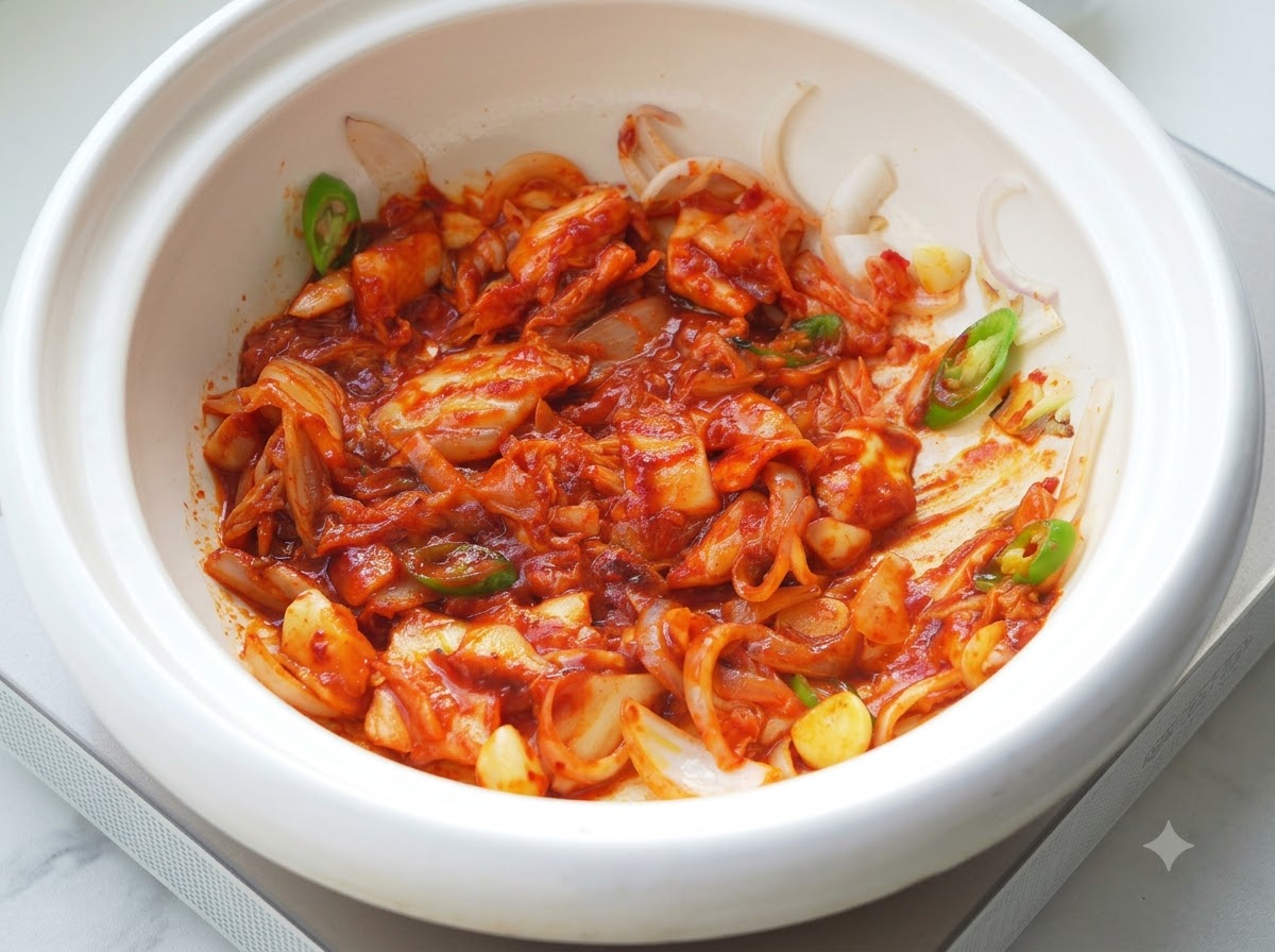 Base de estofado picante rojo mezclada con kimchi y pasta hirviendo a fuego lento en la olla.