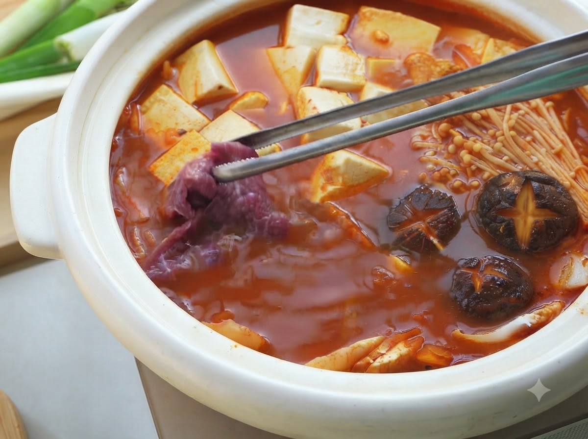 Usando palillos para añadir trozos de carne marinada a una olla de estofado rojo burbujeante.