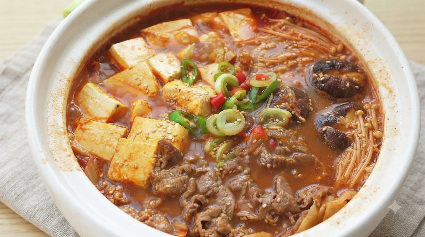 Una olla burbujeante de estofado coreano de ternera y tofu llena de trozos tiernos de carne, cubos de tofu suave, champiñones y un vibrante caldo rojo picante.
