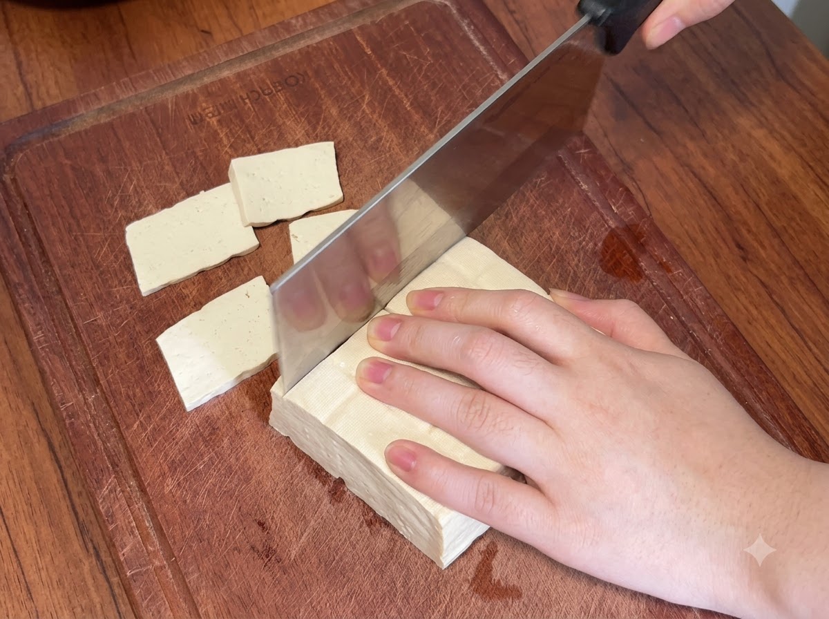 Una persona usando un cuchillo de cocina grande para cortar un bloque de tofu blanco firme en rodajas rectangulares uniformes sobre una tabla de cortar de madera.