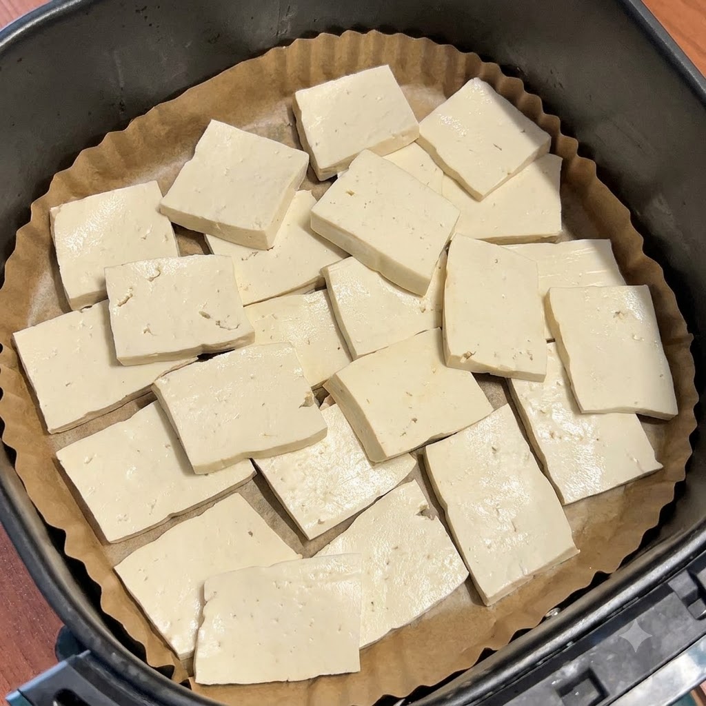 Tofu firme crudo y cortado en rodajas dispuesto de forma plana sobre papel de horno dentro de una cesta de freidora de aire.