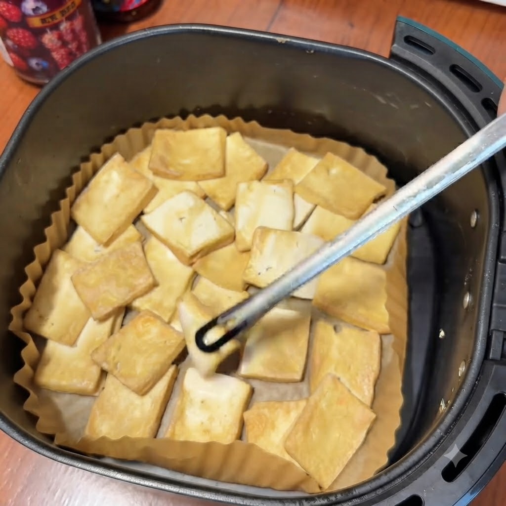 Pinzas metálicas volteando rodajas de tofu parcialmente cocinadas y ligeramente doradas que descansan sobre papel de horno dentro de una cesta de freidora de aire.