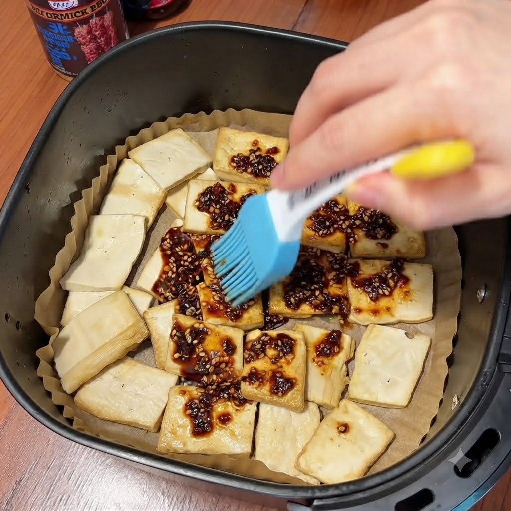 Una mano usando un pincel de silicona azul para esparcir una salsa oscura de chile y sésamo sobre rodajas de tofu volteadas en una freidora de aire.