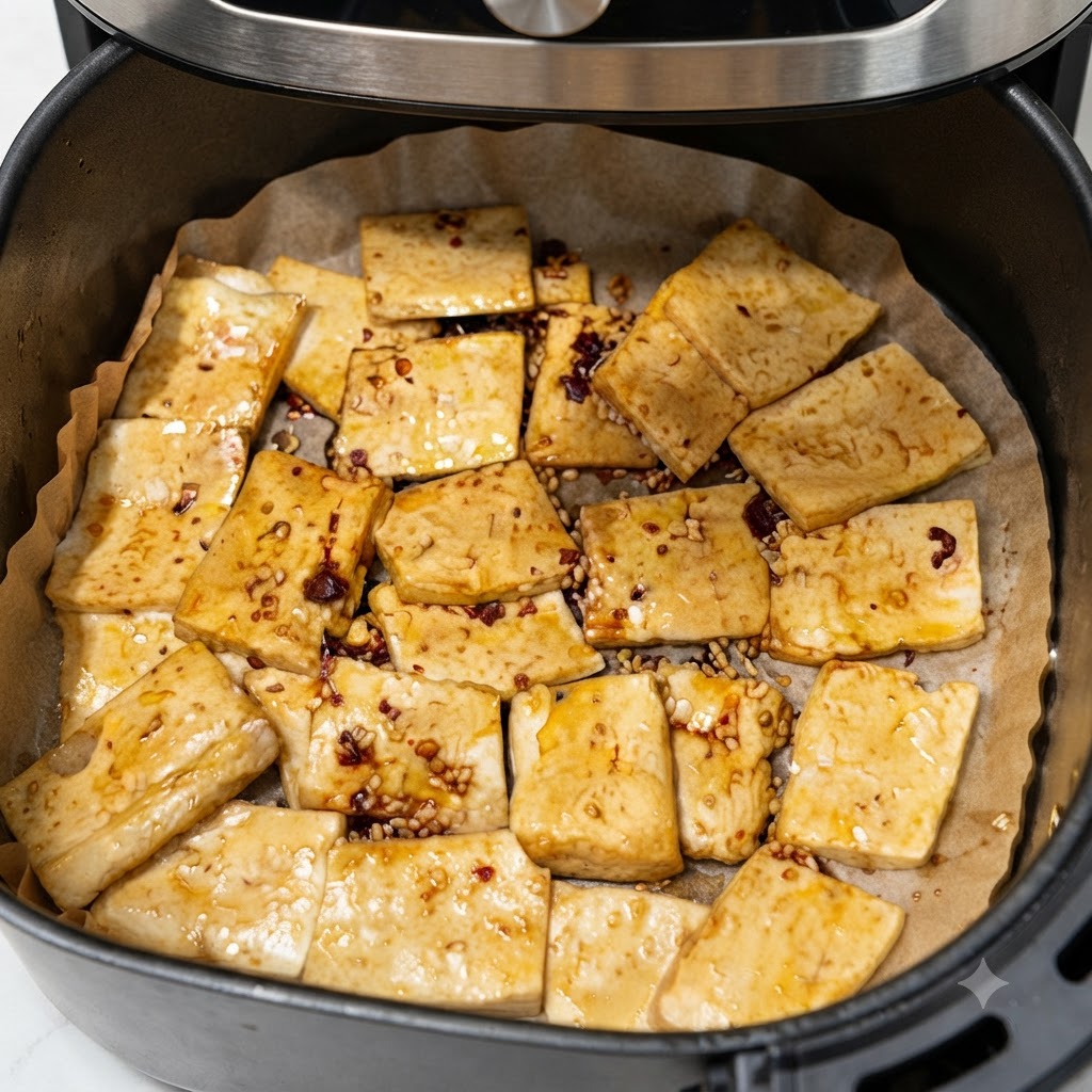 Rodajas de tofu en la cesta de una freidora de aire siendo rociadas con aceite antes de la ronda final de asado.