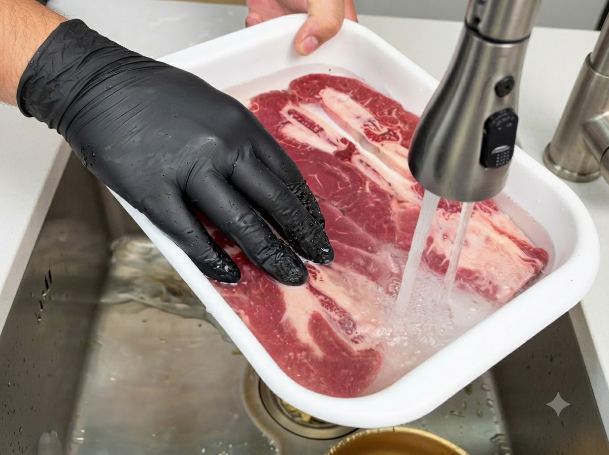 Manos con guantes lavando costillas cortas crudas con hueso sumergidas en un recipiente blanco de agua bajo un grifo abierto.