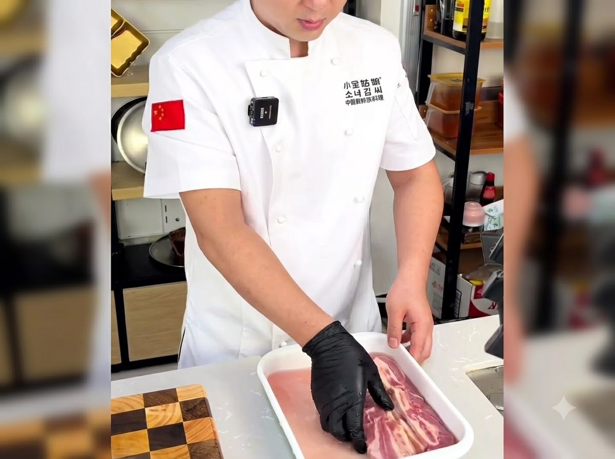 Una mano con guantes enjuagando cuidadosamente las costillas cortas con hueso en una bandeja con agua para eliminar el exceso de sangre.