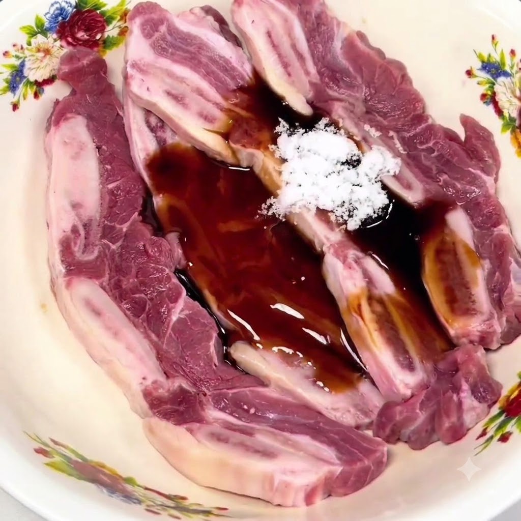Costillas cortas crudas con hueso en un tazón estampado cubiertas con salsa de soja oscura, azúcar blanca y varios condimentos líquidos.