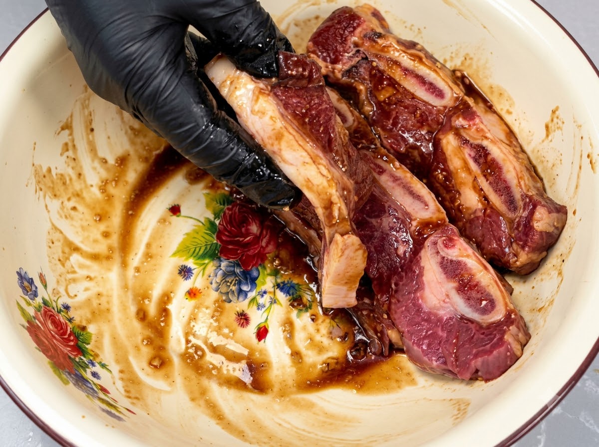 Una mano con guantes negros masajeando a fondo una marinada oscura en trozos crudos de costillas cortas con hueso dentro de un tazón.