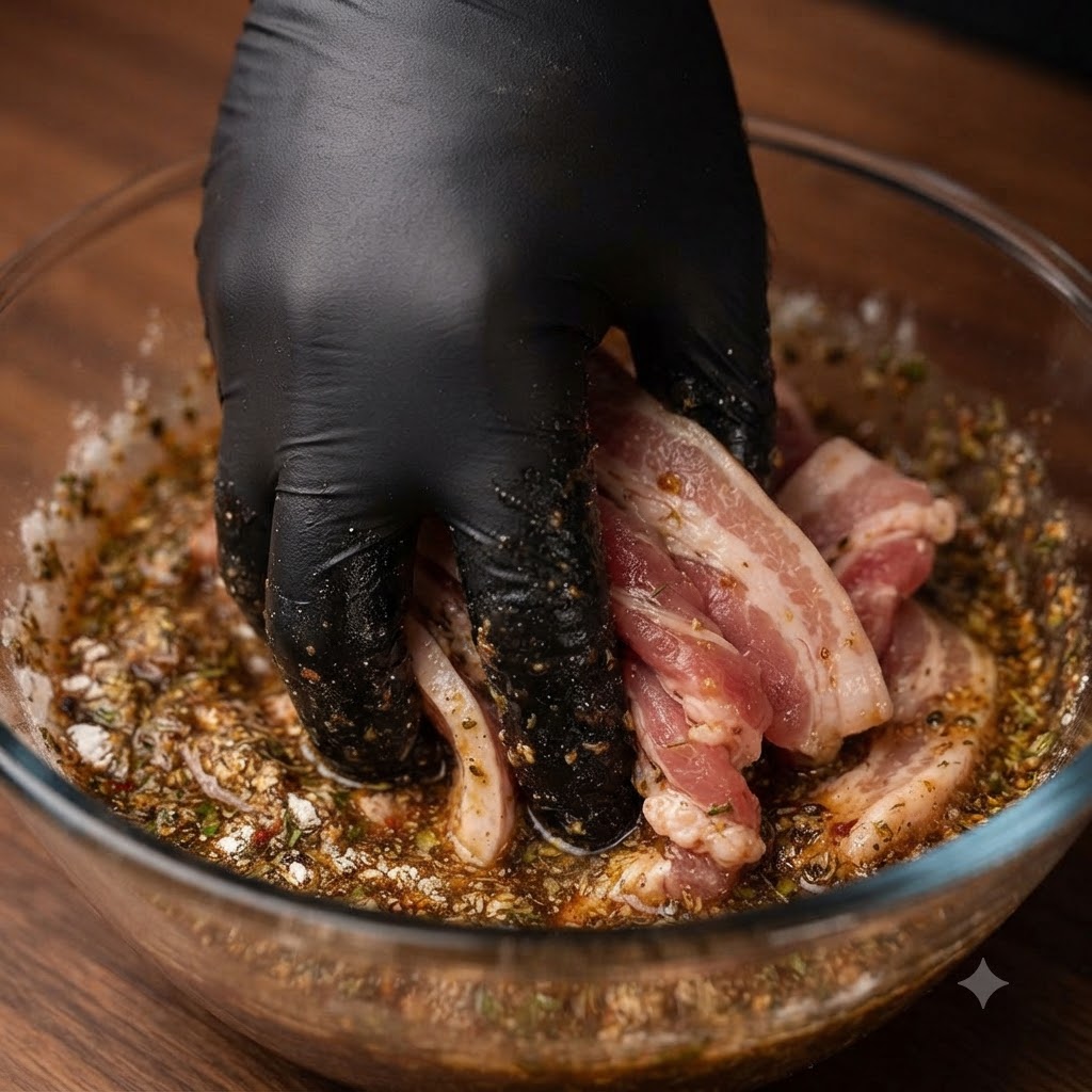 Una mano con guante mezclando costillas de res crudas con los ingredientes del adobo en un bol de vidrio.