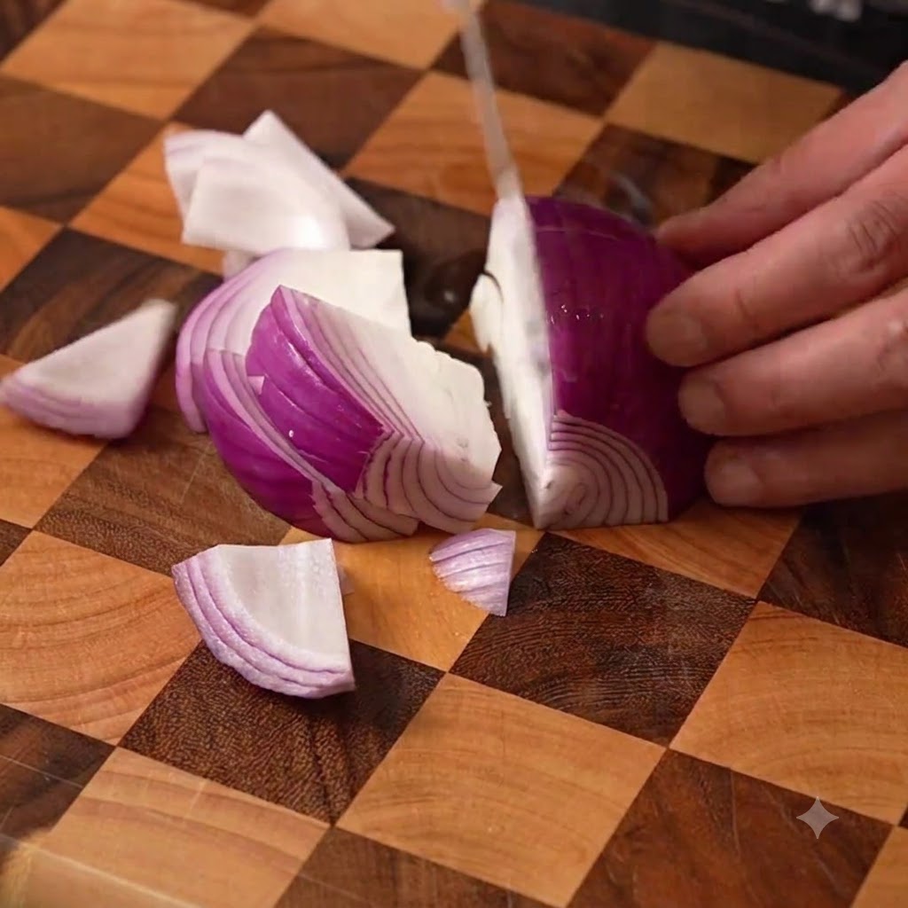 Una cebolla siendo picada en trozos grandes sobre una tabla de cortar de madera con un cuchillo.