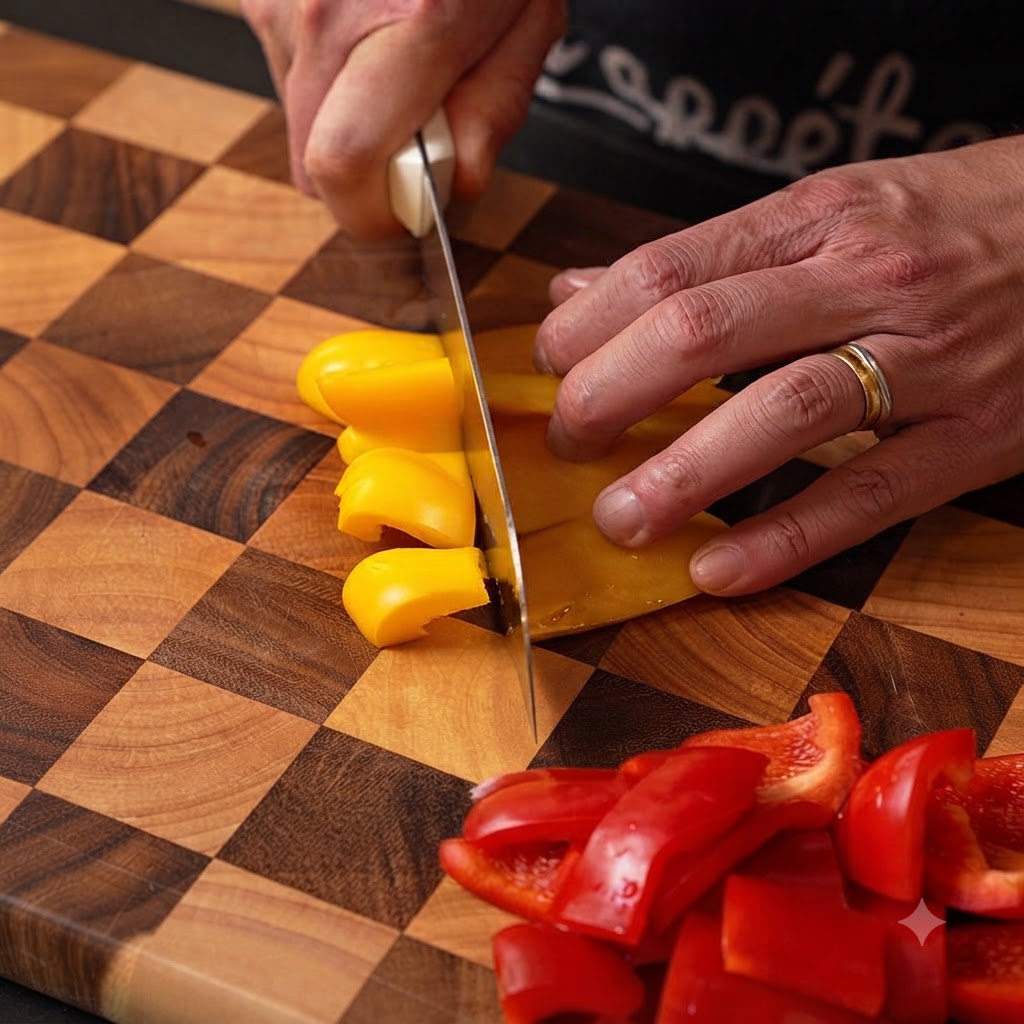 Un pimiento amarillo siendo cortado en trozos grandes en una tabla de cortar junto a pimientos rojos picados.