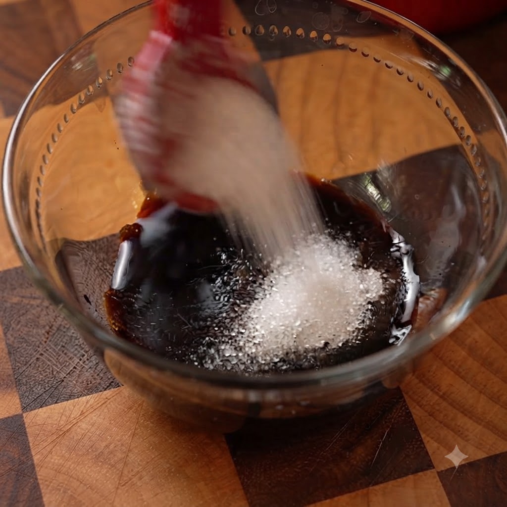 Un pequeño bol de vidrio que contiene los ingredientes de la salsa de pimienta negra mientras una cuchara roja vierte azúcar en la mezcla.