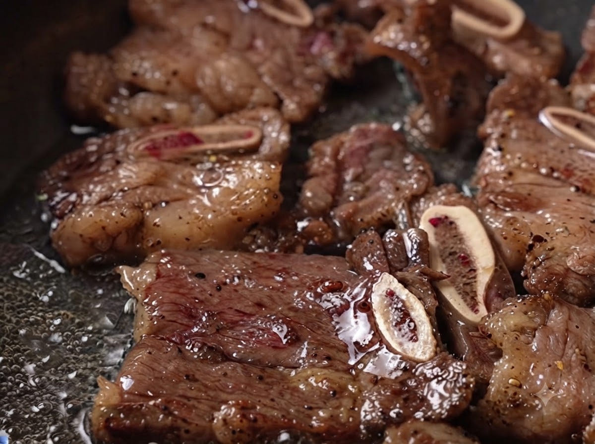 Costillas de res marinadas con secciones de hueso cocinándose y dorándose en una sartén.