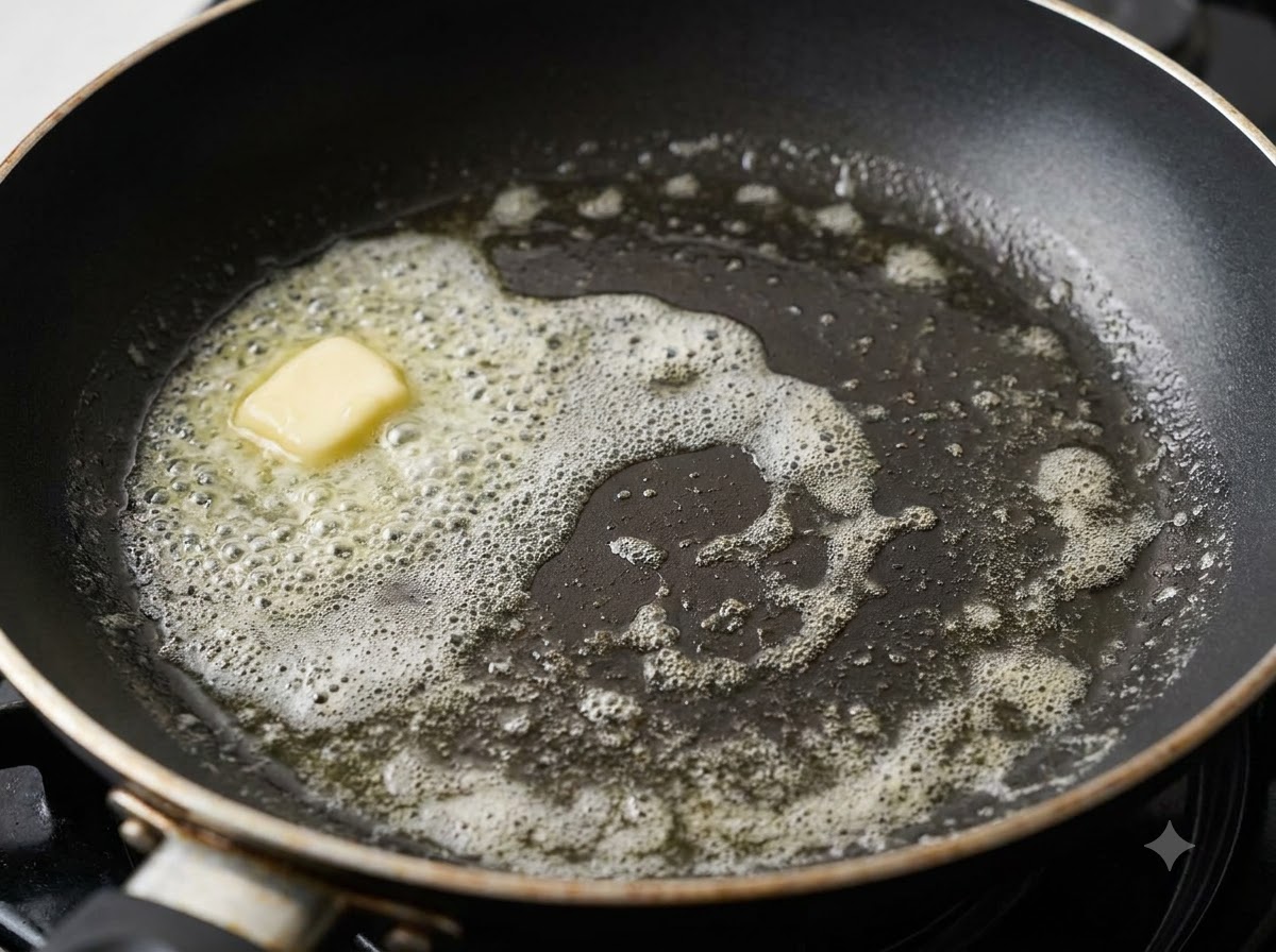 Un pequeño trozo de mantequilla derritiéndose y haciendo espuma en una sartén caliente.