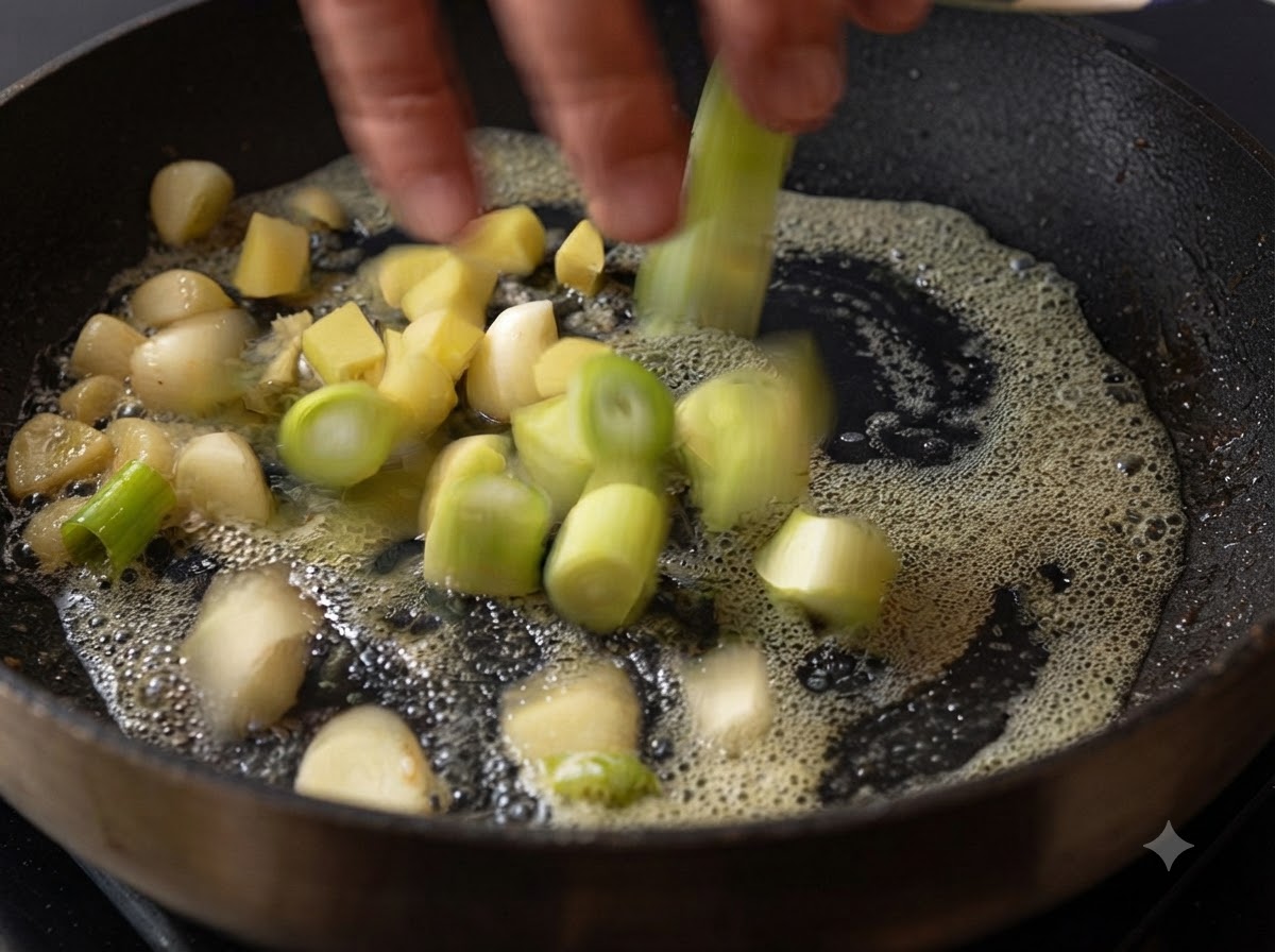 Cebollines picados, dientes de ajo y jengibre en cubos siendo añadidos a la mantequilla derretida en una sartén.