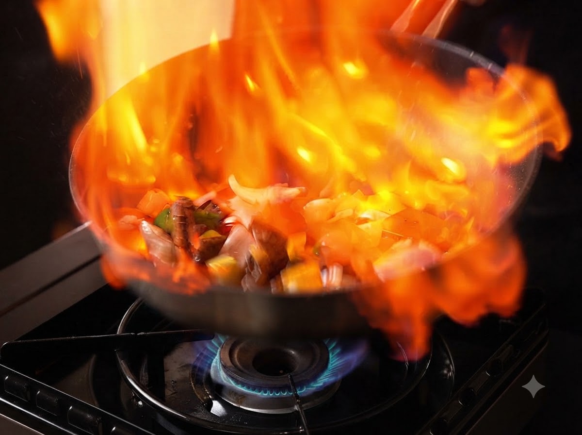 Una gran llama envuelve la sartén durante el proceso de flambeado con carne y verduras.