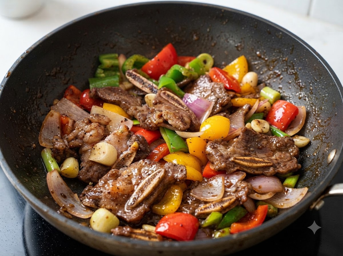 Salsa de pimienta negra oscura siendo vertida sobre costillas de res y verduras en una sartén.