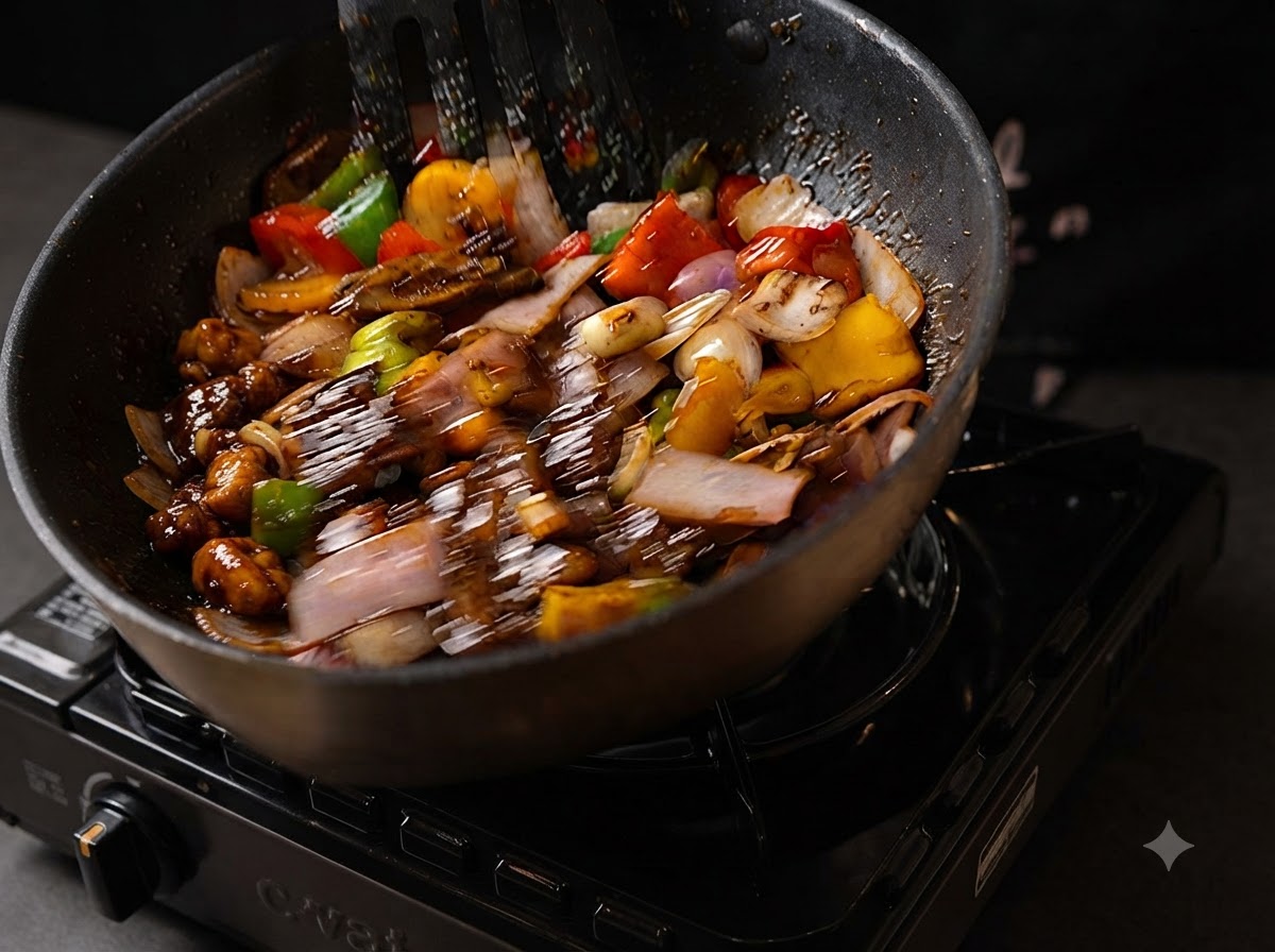 Espátula mezclando carne y verduras en una salsa de pimienta negra espesa y brillante.