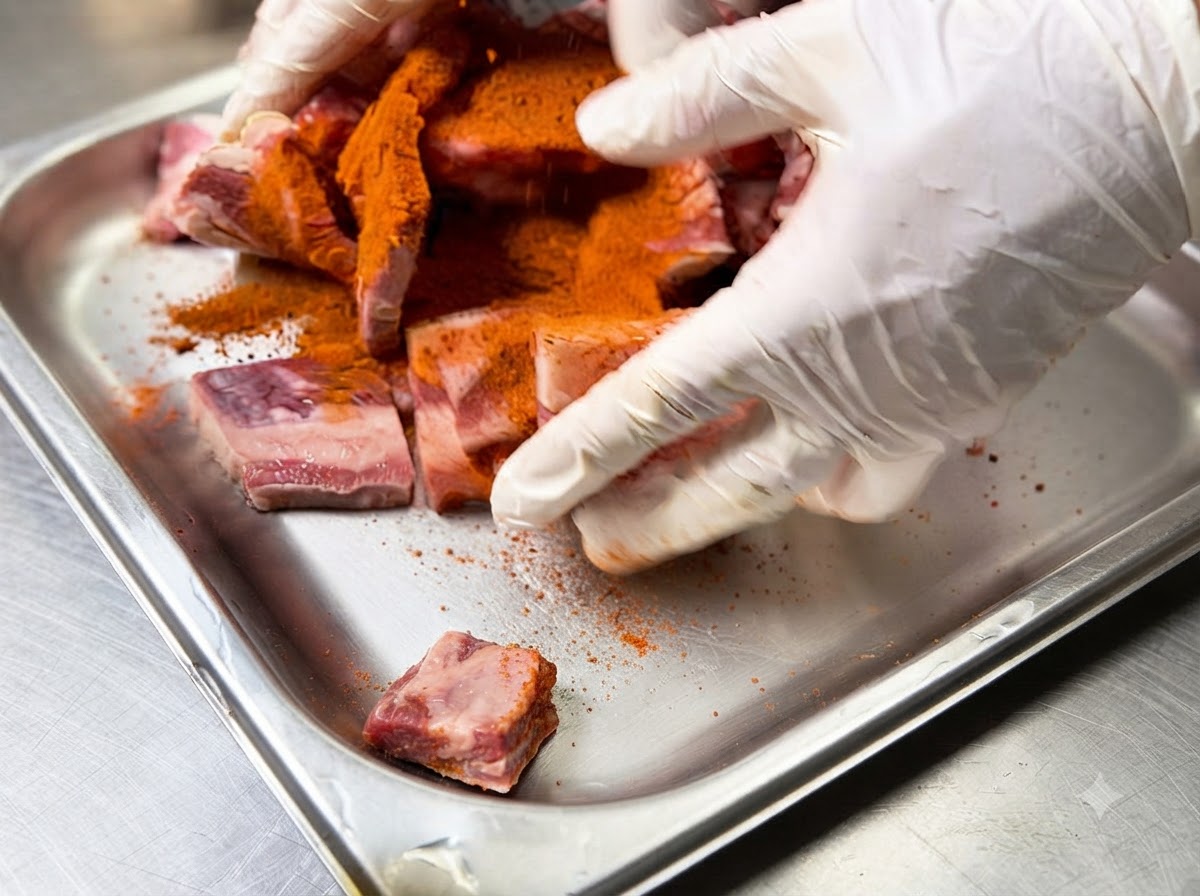 Manos con guantes mezclando el polvo sazonador rojo y el aceite en las costillas cortas de res crudas dentro de una bandeja de metal.