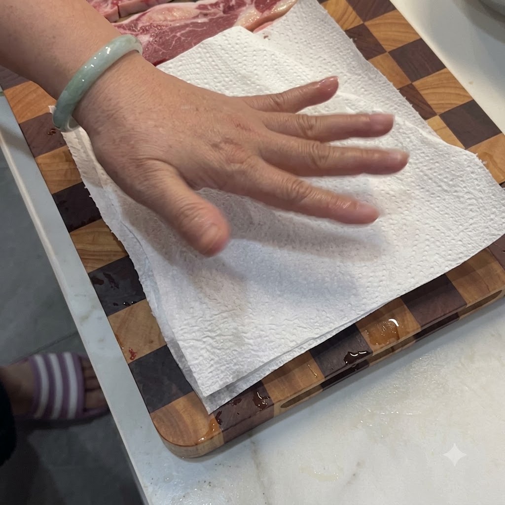 Una mano presionando toallas de papel sobre costillas de res crudas en una tabla de cortar para eliminar la humedad.