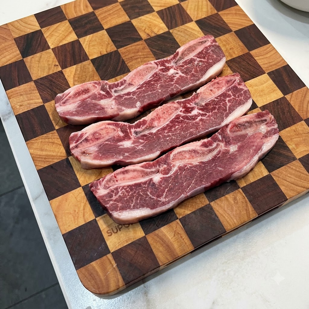 Costillas de res crudas dispuestas ordenadamente sobre una tabla de cortar de madera a cuadros, listas para cortar.