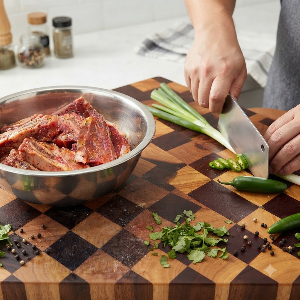 Una persona cortando cebollinos y pimientos en una tabla de cortar junto a un tazón de carne cruda.
