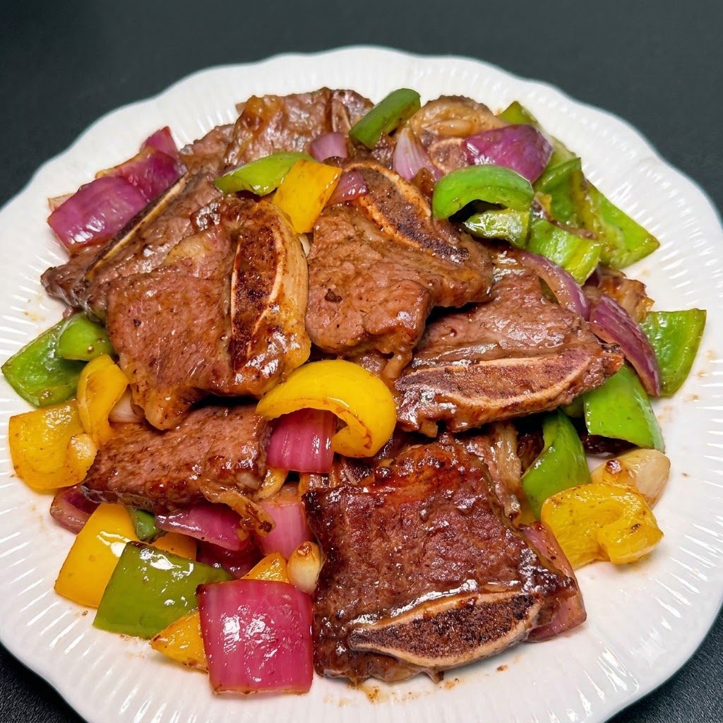 Costillas de res con pimienta negra terminadas servidas en un plato blanco decorativo.