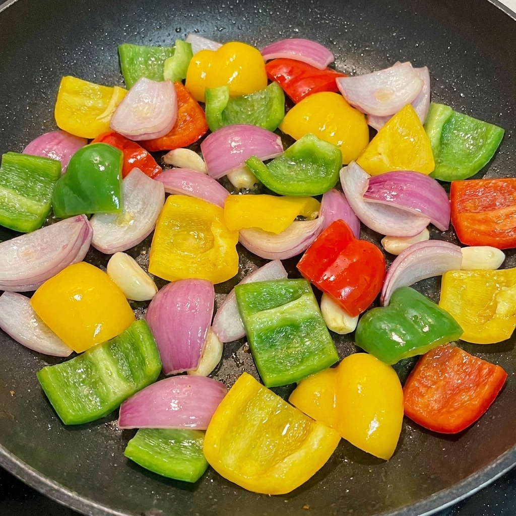 Trozos de pimiento verde, pimiento amarillo y cebolla roja mezclados en una sartén.