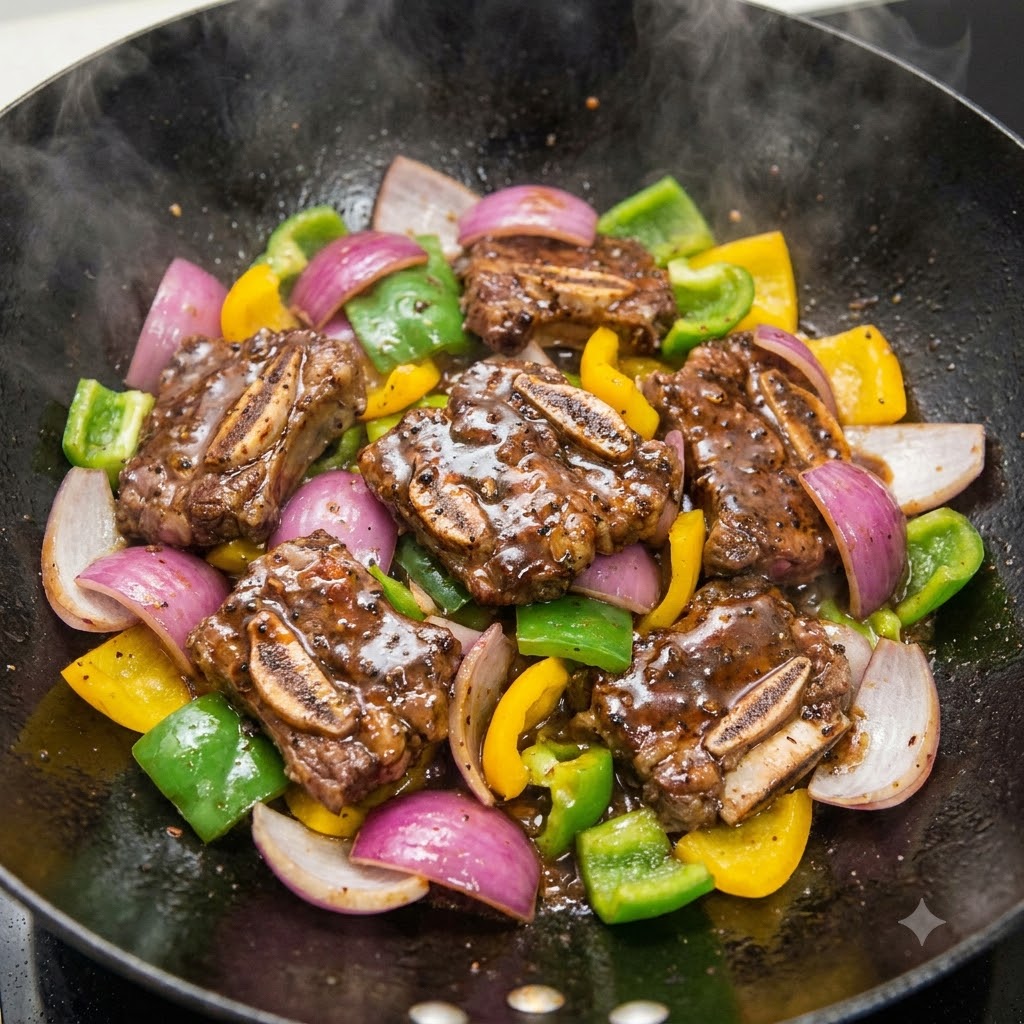 Salsa de pimienta negra siendo vertida sobre costillas cortas doradas y verduras mixtas en un wok.