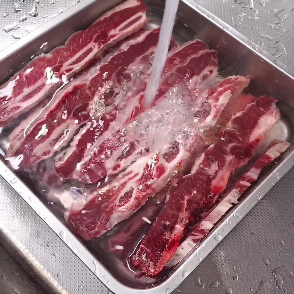 Costillas de LA Galbi crudas sumergidas en una bandeja de acero inoxidable llena de agua.
