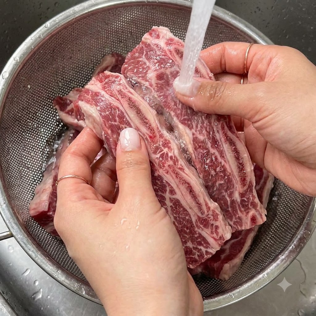 Costillas cortas de LA Galbi frescas siendo enjuagadas bajo agua corriente del grifo en un colador.