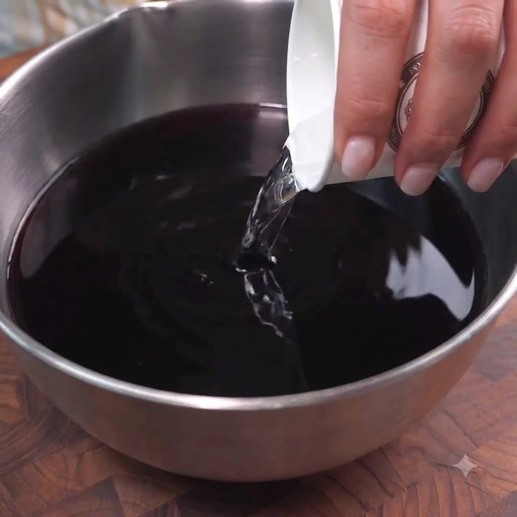 Agua y salsa de soya oscura siendo vertidas desde una taza de papel en un tazón grande de acero inoxidable.