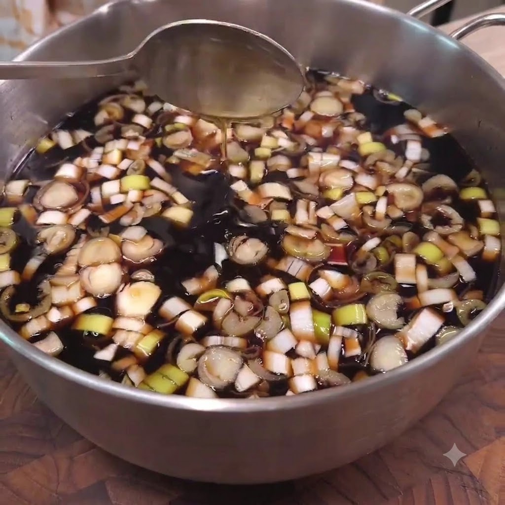 Una cuchara removiendo un lote grande de adobo casero para LA Galbi cargado de cebollinos picados.