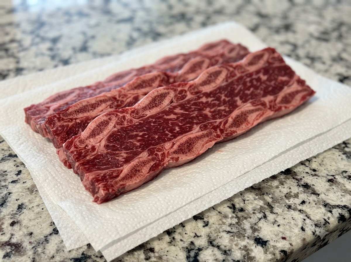 Costillas de res frescas dispuestas sobre toallas de papel limpias en una superficie.