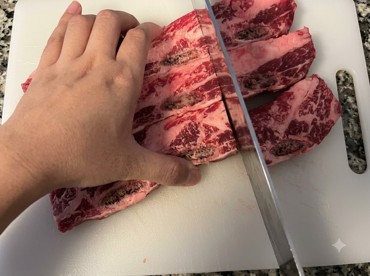 Una mano sosteniendo un cuchillo cortando costillas de res crudas en una tabla de cortar blanca.