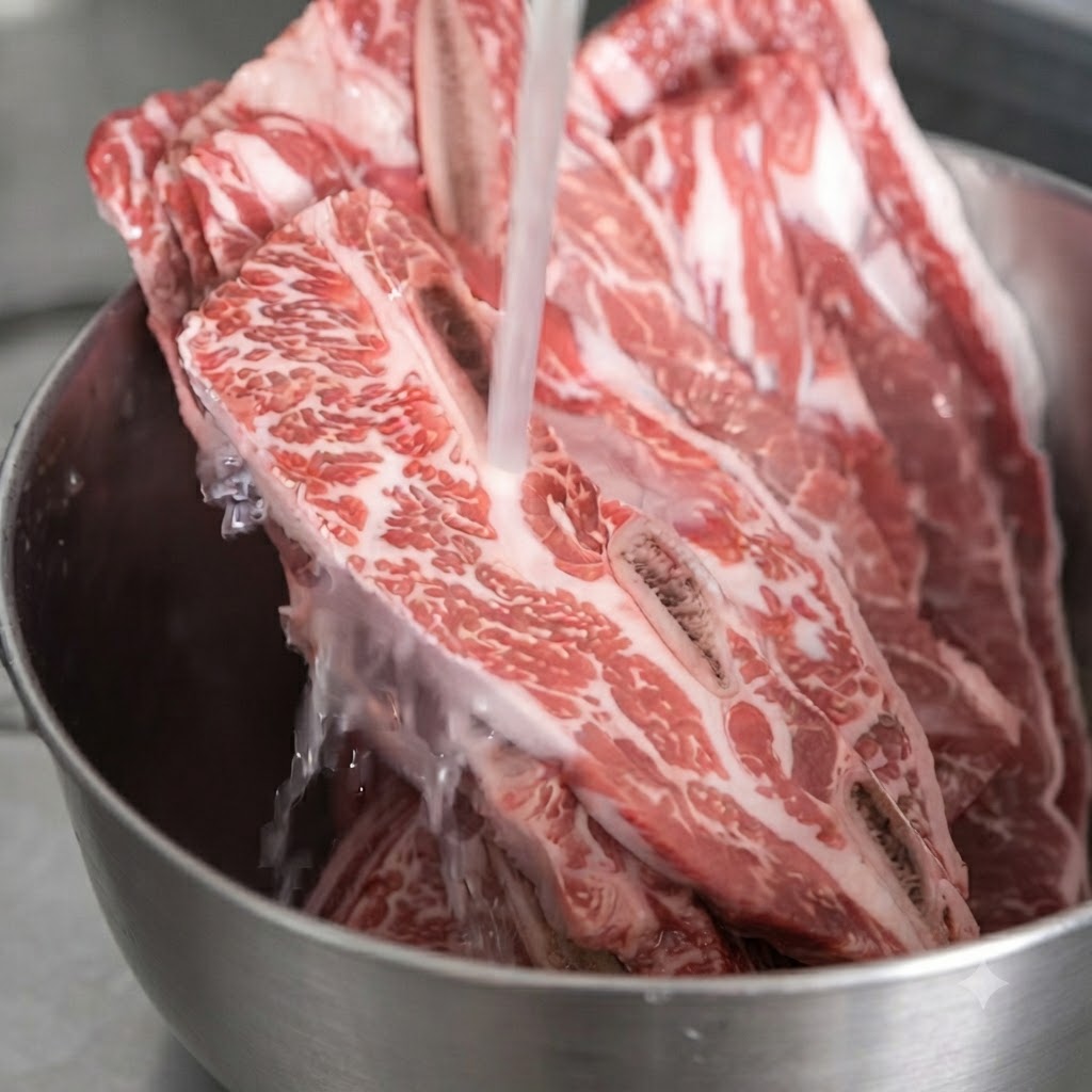 Costillas cortas LA crudas remojándose y siendo enjuagadas dentro de un tazón grande de metal bajo agua corriente.
