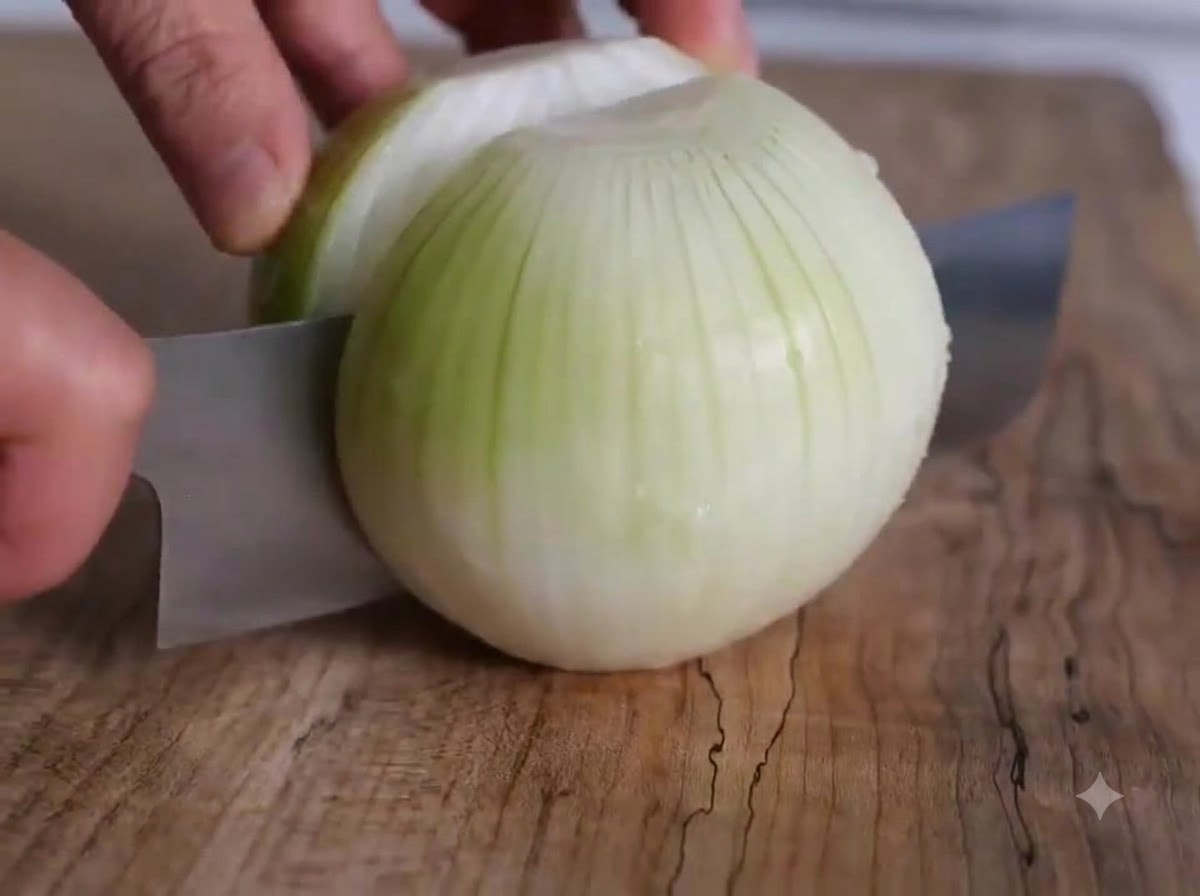 Una cebolla y una pera siendo cortadas con un cuchillo en una tabla de cortar de madera junto a ajos pelados.
