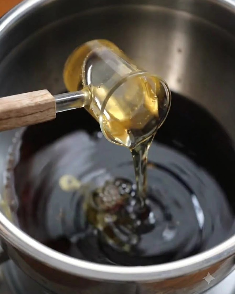 Sake, azúcar blanca y jugo de fruta siendo vertidos en la mezcla líquida sazonada dentro de un tazón.