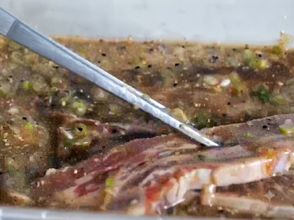 Costillas cortas de res marinadas siendo colocadas en una sartén caliente para cocinar.