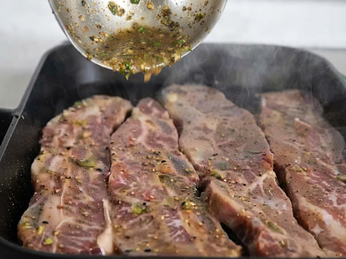 Salsa de adobo adicional siendo vertida sobre las costillas cortas cocinándose en la sartén.