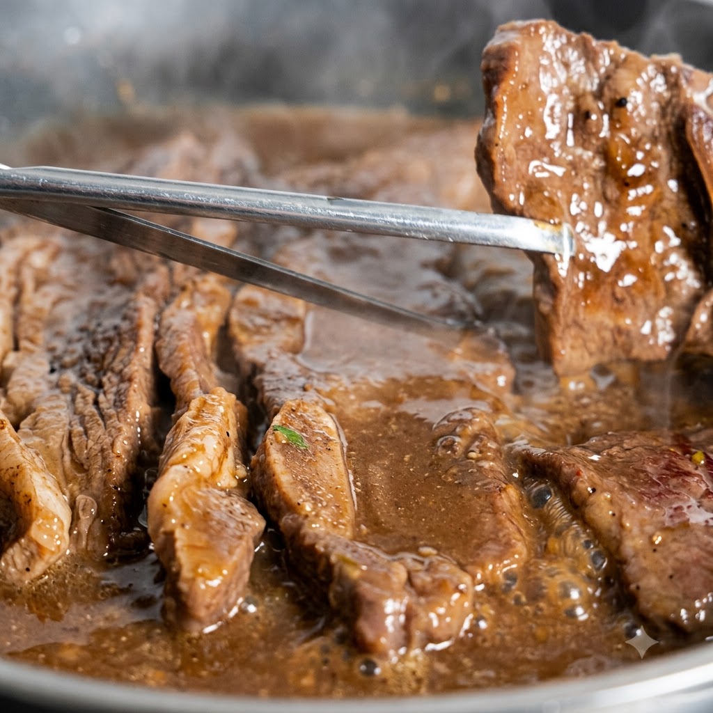 Costillas cortas cocinadas siendo cortadas con tijeras de cocina en la sartén mientras la salsa se reduce.